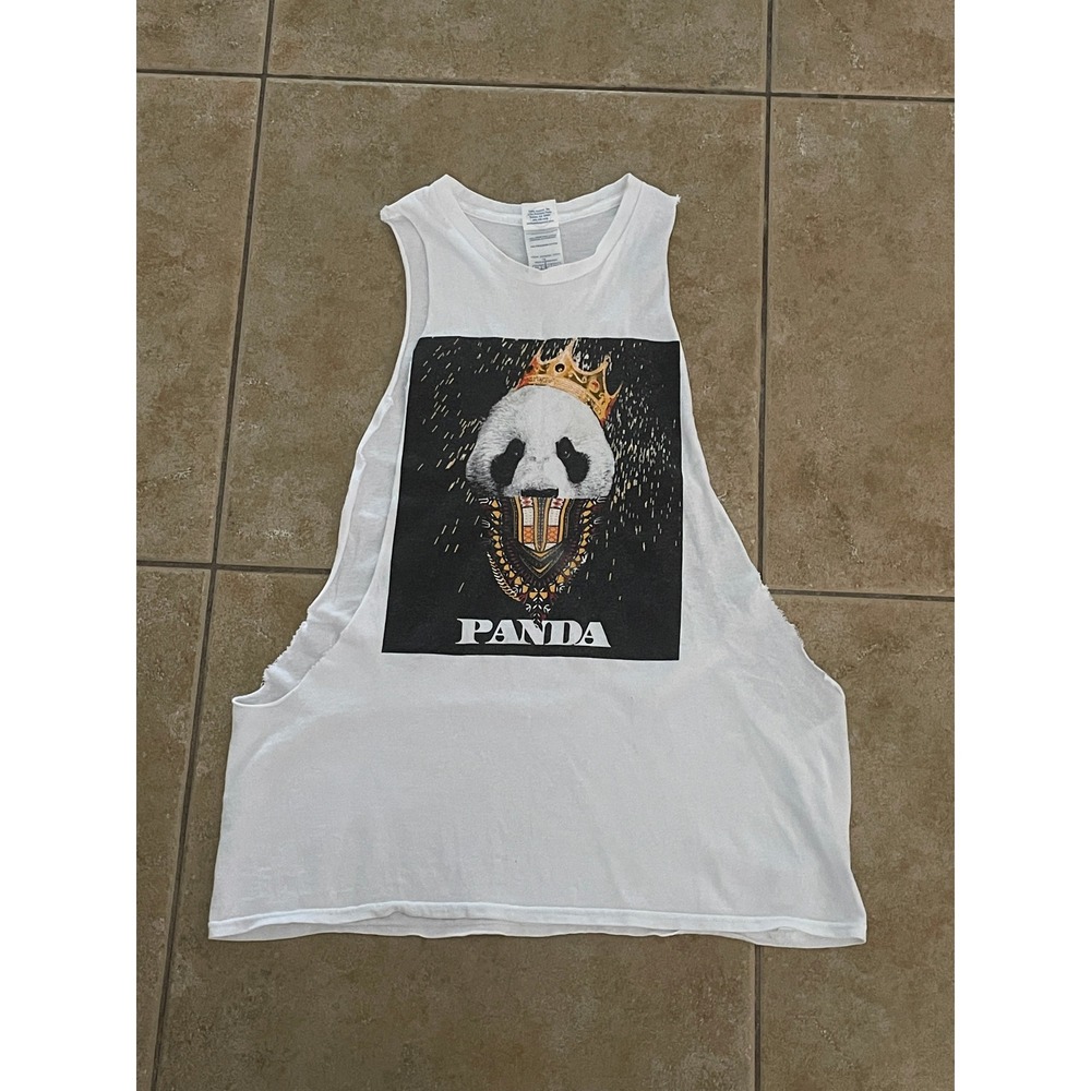Crowned Panda Graphic White Muscle Tank Top 100% Cotton Size Youth XL